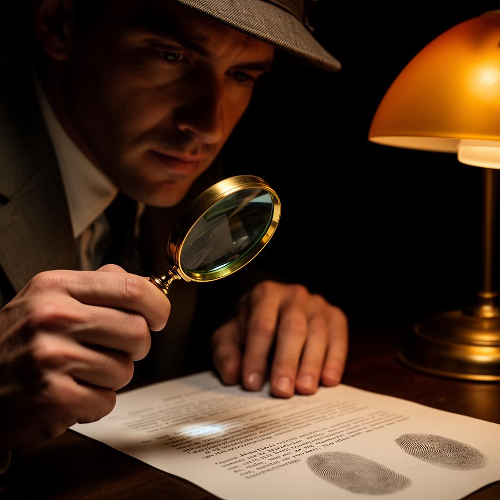 Detective examinando documento con lupa